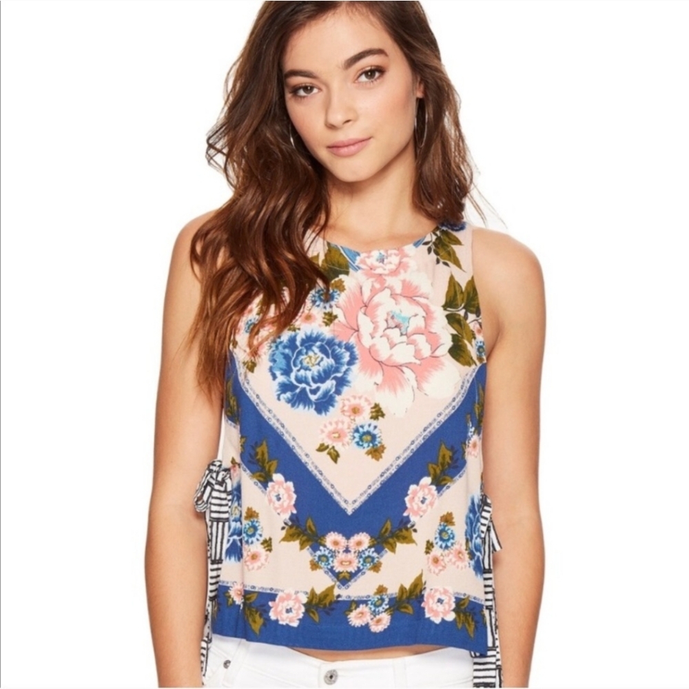 Floral Scarf Print Sleeveless Top - Pink & Blue